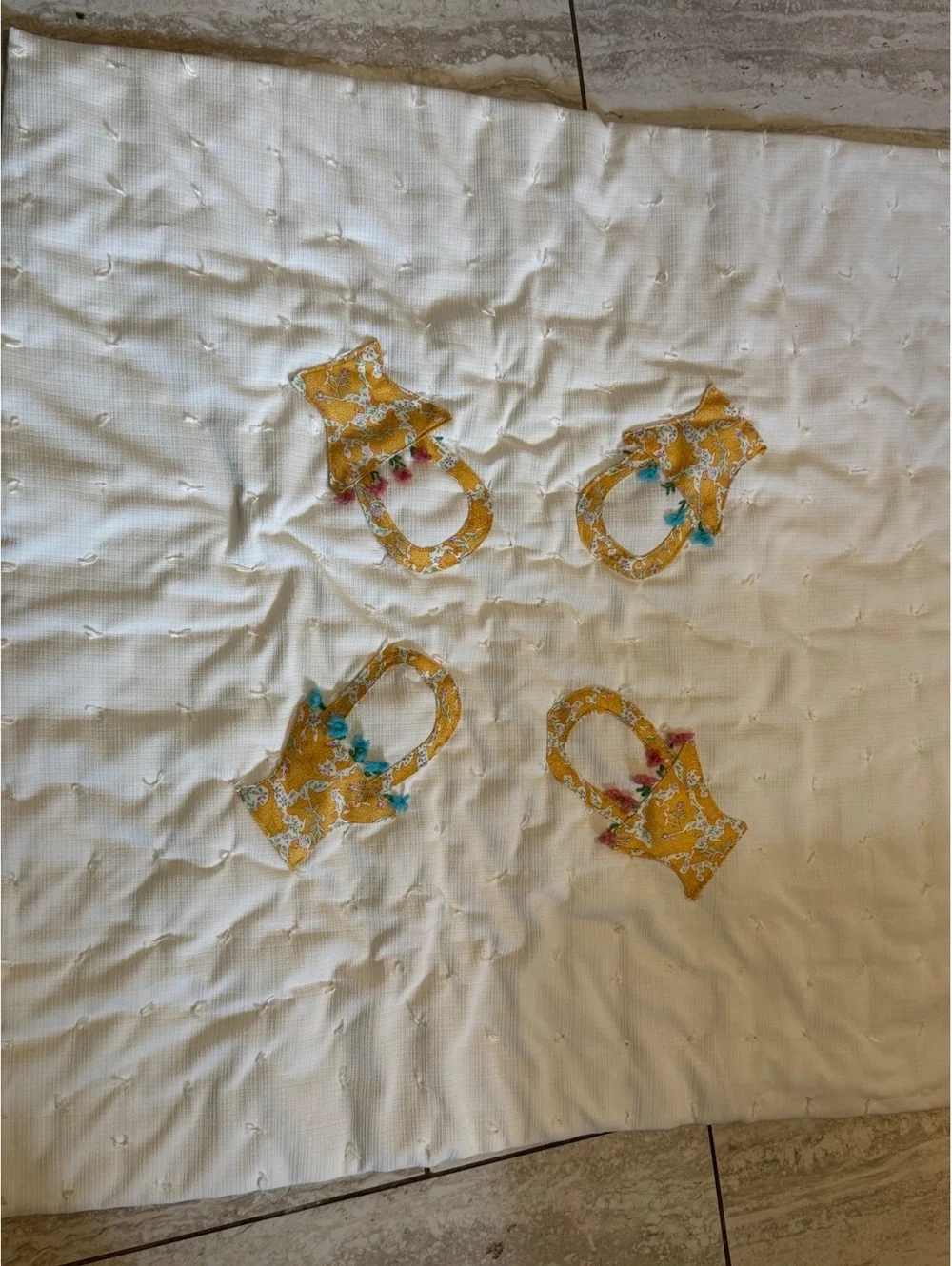 HANDMADE 40”x40” WHITE QUILT WITH YELLOW BASKETS